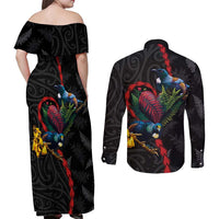 New Zealand Tui Birds Love Couple Couples Matching Off Shoulder Maxi Dress and Long Sleeve Button Shirt The Heart of Silver Fern Leaves and Maori Tattoo Pattern LT03 - Polynesian Pride