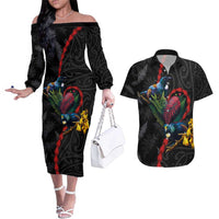 New Zealand Tui Birds Love Couple Couples Matching Off The Shoulder Long Sleeve Dress and Hawaiian Shirt The Heart of Silver Fern Leaves and Maori Tattoo Pattern LT03 Black - Polynesian Pride
