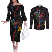New Zealand Tui Birds Love Couple Couples Matching Off The Shoulder Long Sleeve Dress and Long Sleeve Button Shirt The Heart of Silver Fern Leaves and Maori Tattoo Pattern LT03 Black - Polynesian Pride