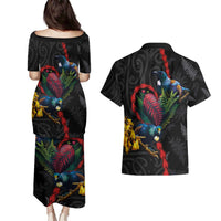 New Zealand Tui Birds Love Couple Couples Matching Puletasi and Hawaiian Shirt The Heart of Silver Fern Leaves and Maori Tattoo Pattern LT03 - Polynesian Pride
