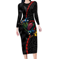 New Zealand Tui Birds Love Couple Family Matching Long Sleeve Bodycon Dress and Hawaiian Shirt The Heart of Silver Fern Leaves and Maori Tattoo Pattern LT03 Mom's Dress Black - Polynesian Pride