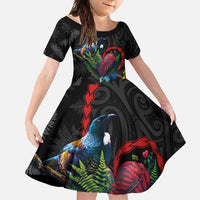 New Zealand Tui Birds Love Couple Family Matching Mermaid Dress and Hawaiian Shirt The Heart of Silver Fern Leaves and Maori Tattoo Pattern LT03 Daughter's Dress Black - Polynesian Pride