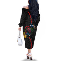 New Zealand Tui Birds Love Couple Family Matching Off The Shoulder Long Sleeve Dress and Hawaiian Shirt The Heart of Silver Fern Leaves and Maori Tattoo Pattern LT03 - Polynesian Pride