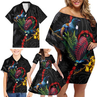 New Zealand Tui Birds Love Couple Family Matching Off Shoulder Short Dress and Hawaiian Shirt The Heart of Silver Fern Leaves and Maori Tattoo Pattern LT03 - Polynesian Pride