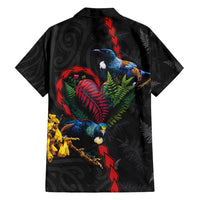New Zealand Tui Birds Love Couple Family Matching Off Shoulder Short Dress and Hawaiian Shirt The Heart of Silver Fern Leaves and Maori Tattoo Pattern LT03 - Polynesian Pride