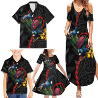 New Zealand Tui Birds Love Couple Family Matching Summer Maxi Dress and Hawaiian Shirt The Heart of Silver Fern Leaves and Maori Tattoo Pattern LT03 - Polynesian Pride