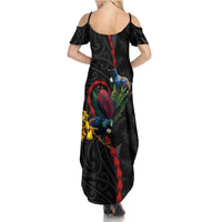 New Zealand Tui Birds Love Couple Family Matching Summer Maxi Dress and Hawaiian Shirt The Heart of Silver Fern Leaves and Maori Tattoo Pattern LT03 - Polynesian Pride