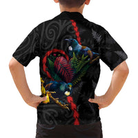 New Zealand Tui Birds Love Couple Family Matching Tank Maxi Dress and Hawaiian Shirt The Heart of Silver Fern Leaves and Maori Tattoo Pattern LT03 - Polynesian Pride