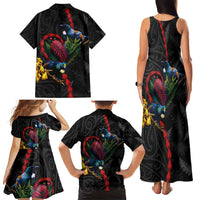 New Zealand Tui Birds Love Couple Family Matching Tank Maxi Dress and Hawaiian Shirt The Heart of Silver Fern Leaves and Maori Tattoo Pattern LT03 - Polynesian Pride