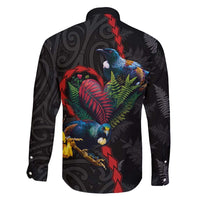 New Zealand Tui Birds Love Couple Family Matching Tank Maxi Dress and Hawaiian Shirt The Heart of Silver Fern Leaves and Maori Tattoo Pattern LT03 - Polynesian Pride