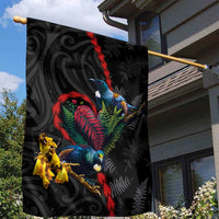 New Zealand Tui Birds Love Couple Garden Flag The Heart of Silver Fern Leaves and Maori Tattoo Pattern LT03 - Polynesian Pride