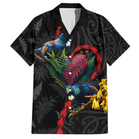 New Zealand Tui Birds Love Couple Hawaiian Shirt The Heart of Silver Fern Leaves and Maori Tattoo Pattern LT03 Black - Polynesian Pride