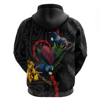 New Zealand Tui Birds Love Couple Hoodie The Heart of Silver Fern Leaves and Maori Tattoo Pattern LT03 - Polynesian Pride