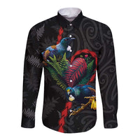 New Zealand Tui Birds Love Couple Long Sleeve Button Shirt The Heart of Silver Fern Leaves and Maori Tattoo Pattern LT03 Unisex Black - Polynesian Pride