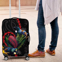 New Zealand Tui Birds Love Couple Luggage Cover The Heart of Silver Fern Leaves and Maori Tattoo Pattern LT03 Black - Polynesian Pride