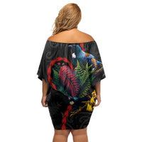 New Zealand Tui Birds Love Couple Off Shoulder Short Dress The Heart of Silver Fern Leaves and Maori Tattoo Pattern LT03 - Polynesian Pride