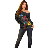 New Zealand Tui Birds Love Couple Off Shoulder Sweater The Heart of Silver Fern Leaves and Maori Tattoo Pattern LT03 - Polynesian Pride