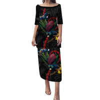 New Zealand Tui Birds Love Couple Puletasi The Heart of Silver Fern Leaves and Maori Tattoo Pattern LT03 Long Dress Black - Polynesian Pride