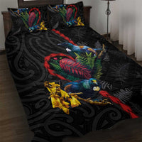 New Zealand Tui Birds Love Couple Quilt Bed Set The Heart of Silver Fern Leaves and Maori Tattoo Pattern LT03 Black - Polynesian Pride