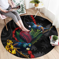 New Zealand Tui Birds Love Couple Round Carpet The Heart of Silver Fern Leaves and Maori Tattoo Pattern LT03 - Polynesian Pride