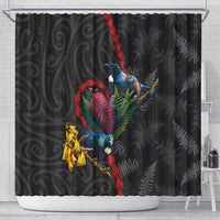 New Zealand Tui Birds Love Couple Shower Curtain The Heart of Silver Fern Leaves and Maori Tattoo Pattern LT03 - Polynesian Pride