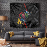 New Zealand Tui Birds Love Couple Tapestry The Heart of Silver Fern Leaves and Maori Tattoo Pattern LT03 Black - Polynesian Pride
