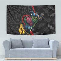 New Zealand Tui Birds Love Couple Tapestry The Heart of Silver Fern Leaves and Maori Tattoo Pattern LT03 - Polynesian Pride