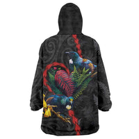 New Zealand Tui Birds Love Couple Wearable Blanket Hoodie The Heart of Silver Fern Leaves and Maori Tattoo Pattern LT03 - Polynesian Pride