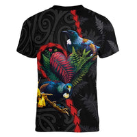 New Zealand Tui Birds Love Couple Women V-Neck T-Shirt The Heart of Silver Fern Leaves and Maori Tattoo Pattern