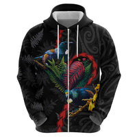 New Zealand Tui Birds Love Couple Zip Hoodie The Heart of Silver Fern Leaves and Maori Tattoo Pattern LT03 - Polynesian Pride