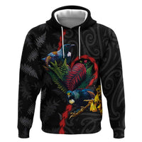 New Zealand Tui Birds Love Couple Zip Hoodie The Heart of Silver Fern Leaves and Maori Tattoo Pattern LT03 Pullover Hoodie Black - Polynesian Pride