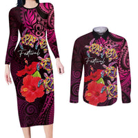Pasifika Festival Couples Matching Long Sleeve Bodycon Dress and Long Sleeve Button Shirt Plumeria Turtles with Hibiscus - Polynesian Art Tattoo Pink Color LT03 Pink - Polynesian Pride