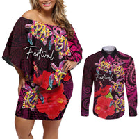 Pasifika Festival Couples Matching Off Shoulder Short Dress and Long Sleeve Button Shirt Plumeria Turtles with Hibiscus - Polynesian Art Tattoo Pink Color LT03 Pink - Polynesian Pride