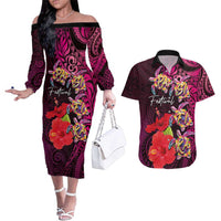 Pasifika Festival Couples Matching Off The Shoulder Long Sleeve Dress and Hawaiian Shirt Plumeria Turtles with Hibiscus - Polynesian Art Tattoo Pink Color LT03 Pink - Polynesian Pride