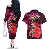 Pasifika Festival Couples Matching Off The Shoulder Long Sleeve Dress and Hawaiian Shirt Plumeria Turtles with Hibiscus - Polynesian Art Tattoo Pink Color LT03 - Polynesian Pride