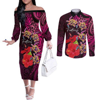 Pasifika Festival Couples Matching Off The Shoulder Long Sleeve Dress and Long Sleeve Button Shirt Plumeria Turtles with Hibiscus - Polynesian Art Tattoo Pink Color LT03 Pink - Polynesian Pride