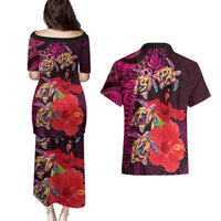 Pasifika Festival Couples Matching Puletasi and Hawaiian Shirt Plumeria Turtles with Hibiscus - Polynesian Art Tattoo Pink Color LT03 - Polynesian Pride