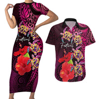Pasifika Festival Couples Matching Short Sleeve Bodycon Dress and Hawaiian Shirt Plumeria Turtles with Hibiscus - Polynesian Art Tattoo Pink Color LT03 Pink - Polynesian Pride
