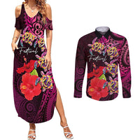 Pasifika Festival Couples Matching Summer Maxi Dress and Long Sleeve Button Shirt Plumeria Turtles with Hibiscus - Polynesian Art Tattoo Pink Color LT03 Pink - Polynesian Pride