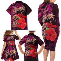 Pasifika Festival Family Matching Long Sleeve Bodycon Dress and Hawaiian Shirt Plumeria Turtles with Hibiscus - Polynesian Art Tattoo Pink Color LT03 - Polynesian Pride