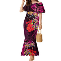 Pasifika Festival Family Matching Mermaid Dress and Hawaiian Shirt Plumeria Turtles with Hibiscus - Polynesian Art Tattoo Pink Color LT03 Mom's Dress Pink - Polynesian Pride