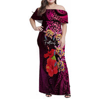 Pasifika Festival Family Matching Off Shoulder Maxi Dress and Hawaiian Shirt Plumeria Turtles with Hibiscus - Polynesian Art Tattoo Pink Color LT03 Mom's Dress Pink - Polynesian Pride