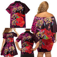 Pasifika Festival Family Matching Off Shoulder Short Dress and Hawaiian Shirt Plumeria Turtles with Hibiscus - Polynesian Art Tattoo Pink Color LT03 - Polynesian Pride
