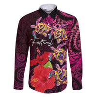 Pasifika Festival Family Matching Off Shoulder Short Dress and Hawaiian Shirt Plumeria Turtles with Hibiscus - Polynesian Art Tattoo Pink Color LT03 Dad's Shirt - Long Sleeve Pink - Polynesian Pride