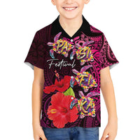 Pasifika Festival Family Matching Off Shoulder Short Dress and Hawaiian Shirt Plumeria Turtles with Hibiscus - Polynesian Art Tattoo Pink Color LT03 Son's Shirt Pink - Polynesian Pride