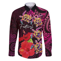 Pasifika Festival Family Matching Puletasi and Hawaiian Shirt Plumeria Turtles with Hibiscus - Polynesian Art Tattoo Pink Color LT03 Dad's Shirt - Long Sleeve Pink - Polynesian Pride