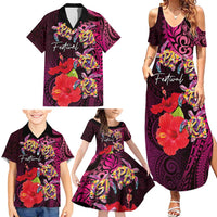 Pasifika Festival Family Matching Summer Maxi Dress and Hawaiian Shirt Plumeria Turtles with Hibiscus - Polynesian Art Tattoo Pink Color LT03 - Polynesian Pride