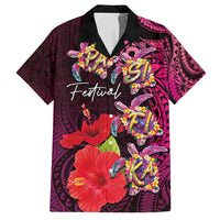Pasifika Festival Family Matching Summer Maxi Dress and Hawaiian Shirt Plumeria Turtles with Hibiscus - Polynesian Art Tattoo Pink Color LT03 Dad's Shirt - Short Sleeve Pink - Polynesian Pride