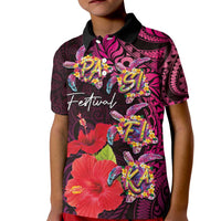 Pasifika Festival Kid Polo Shirt Plumeria Turtles with Hibiscus - Polynesian Art Tattoo Pink Color