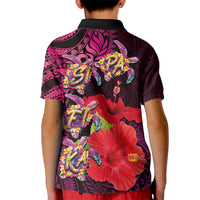 Pasifika Festival Kid Polo Shirt Plumeria Turtles with Hibiscus - Polynesian Art Tattoo Pink Color
